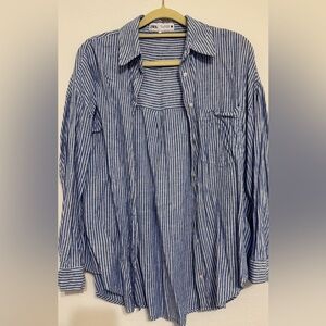 Zara Striped Button-Down Shirt in Blue and White